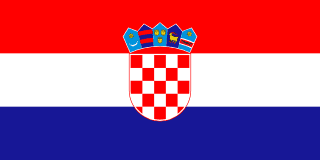 The flag of Croatia is composed of three equal horizontal bands of red, white and blue, with the coat of arms of Croatia superimposed in the center.